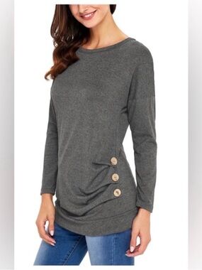 🌸. #528. Women's Grey Long Sleeve Button-Accent Pullover Top
